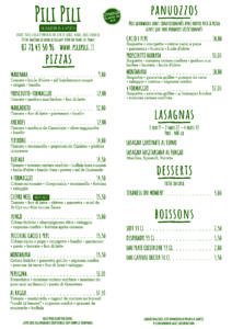 Carte des Pizzas, Panuozzos & Lasagnas chez Pili Pili à Six-Fours-les-Plages